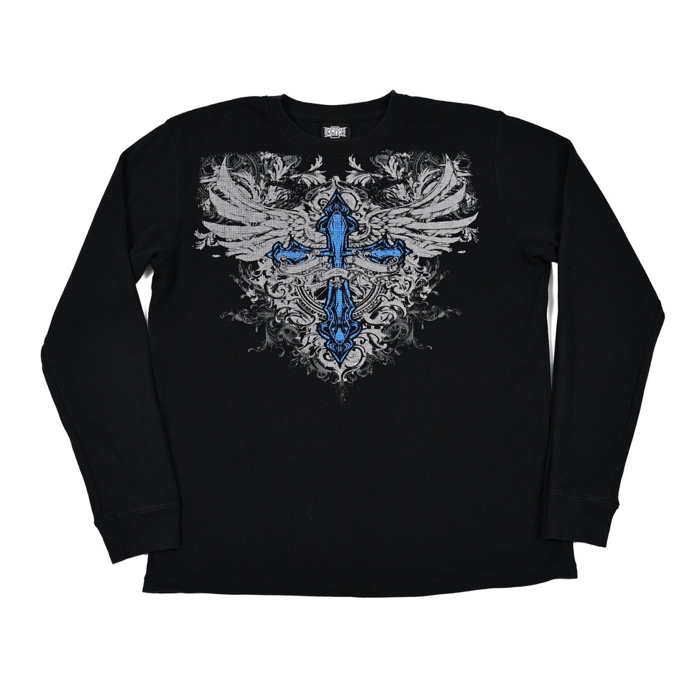 MMA Elite Men's XL Black L/S Waffle Thermal Boxing UFC Affliction Cross Y2K